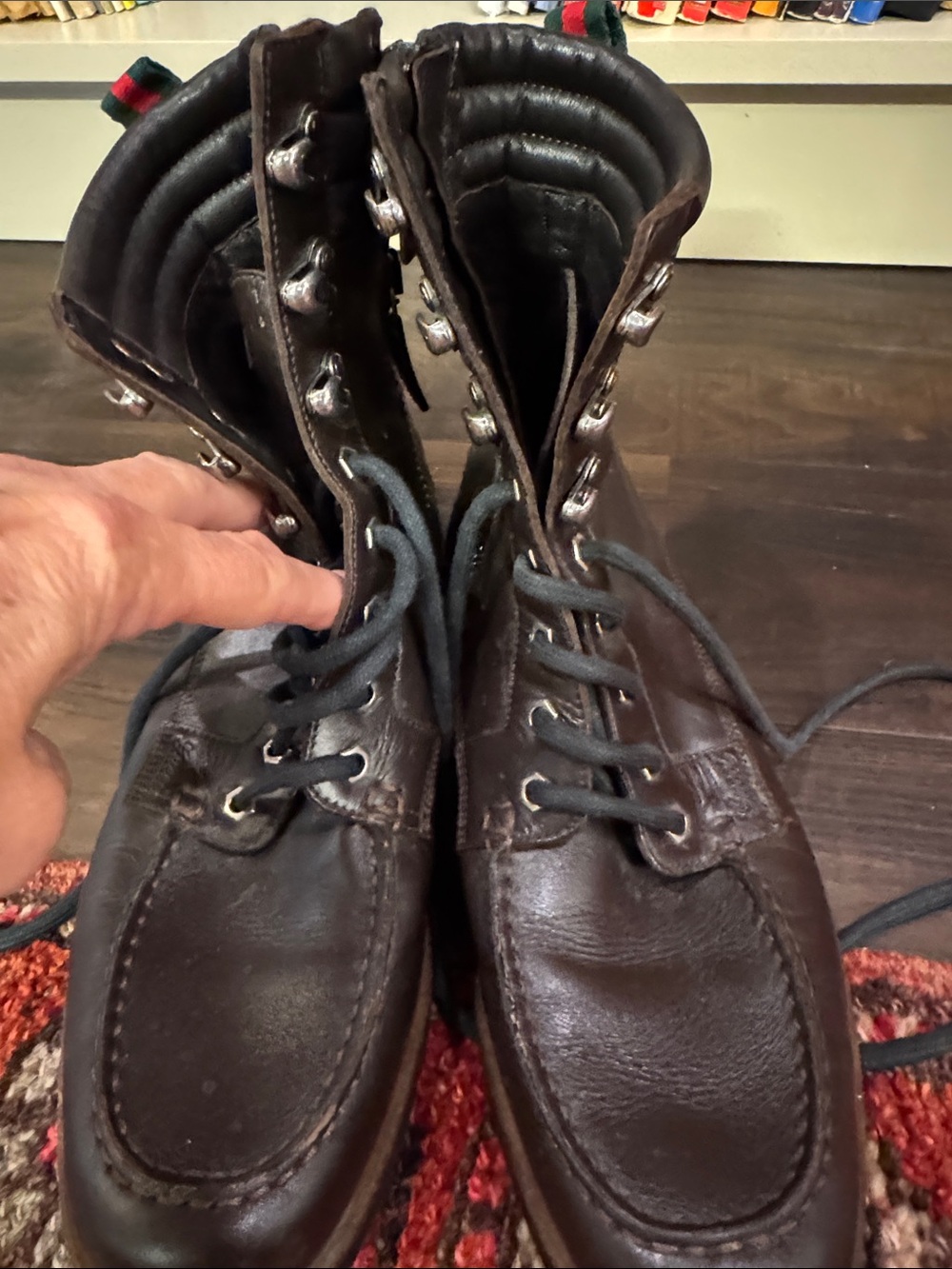 Gucci Dark Brown Leather Lace-Up Men's Boots with Web Heel Loop